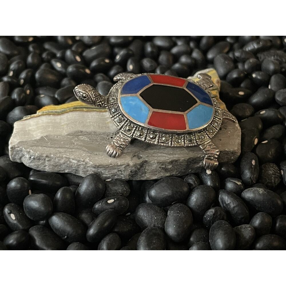 Sterling Silver Marcasite Enamel Turtle Tortuga Tortoise Brooch Pin 🐢Red Blue - Picture 3 of 10